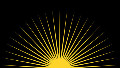 Golden sunset with radiant rays rising from the horizon on a bold black background. Bright, luminous beams and a dramatic glow create an inspiring modern effect, perfect for dynamic graphic designs an