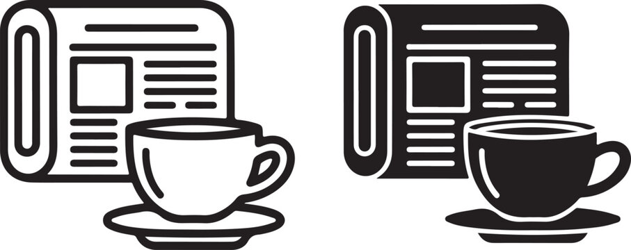 Newspaper and coffee cup line art and solid icons depicting morning news, daily information, communication, and a relaxing break. isolated on white background, Vector, illustration