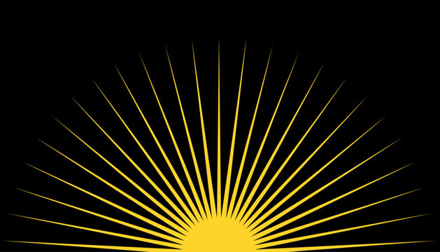 Golden sunset with radiant rays rising from the horizon on a bold black background. Bright, luminous beams and a dramatic glow create an inspiring modern effect, perfect for dynamic graphic designs an