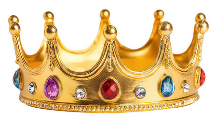 Golden crown with colorful gems isolated on transparent background for queen concept