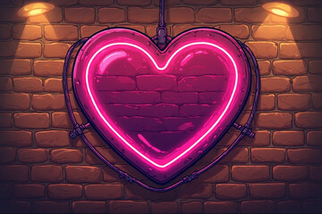 A glowing neon heart sign mounted on a textured brick wall, illuminated.