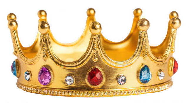 Golden crown with colorful gems isolated on transparent background for queen concept