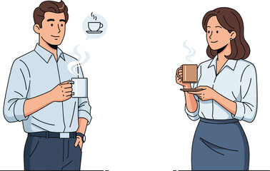 Man and woman enjoying coffee break, office coworkers drinking hot beverage, relaxing time, professional lifestyle illustration, casual conversation, vector business concept design