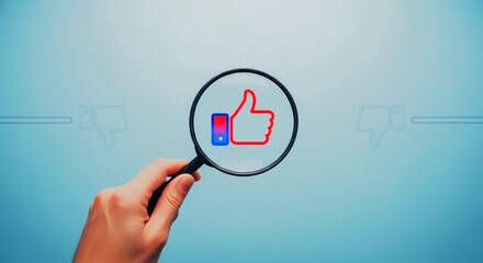 Magnifying glass focusing on a red thumbs up icon with a smartphone inside, symbolizing social media engagement and analysis.