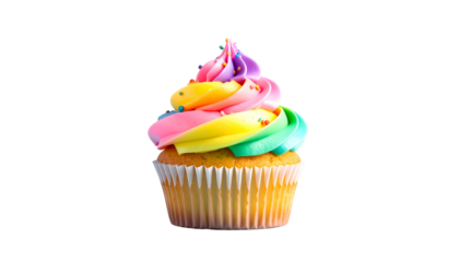Isolated cupcake with multi-colored frosting and sprinkles, on black background
