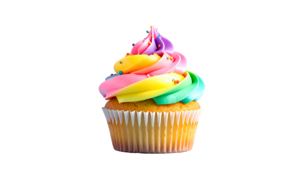 Isolated cupcake with multi-colored frosting and sprinkles, on black background