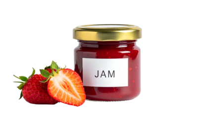 Jar of jam with label, next to strawberries, gold lid, all on black backdrop