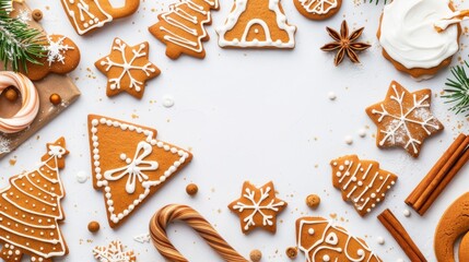 Christmas Gingerbread Cookies Frame on White Background with Spices & Holiday Decorations, Top View