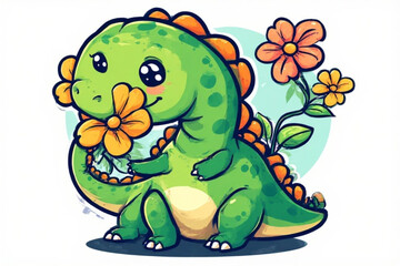 Fototapeta premium Adorable cartoon dinosaur smelling a flower, with other flowers blooming behind it.