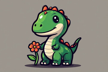 Obraz premium Cute green cartoon dinosaur holding an orange flower with a smile on a grey background.