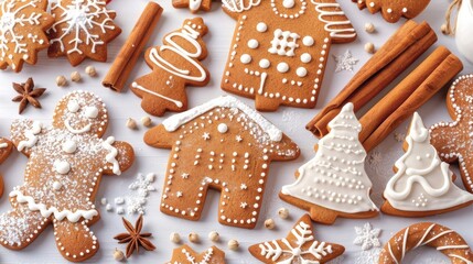 Festive gingerbread cookies with white icing, cinnamon, and star anise on white background. Holiday baking flat lay.