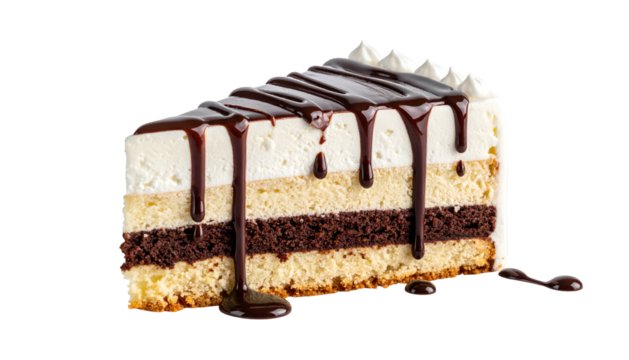 A slice of layered cake with white frosting, chocolate ganache, and dark chocolate layers