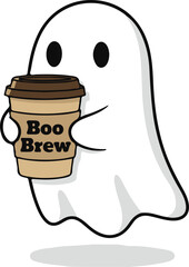 Cute cartoon ghost enjoying a warm cup of coffee, perfect for Halloween or fall themes.