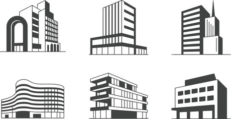 Modern building icons, commercial architecture silhouettes, office buildings, urban cityscape symbols, corporate structures, construction designs, real estate graphics