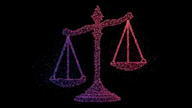 Glowing dotted scales of justice in pink to purple, balanced on a slender arc stand on a dark stage