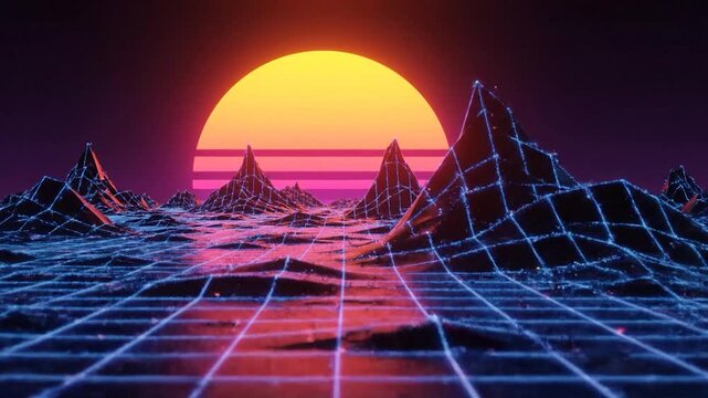 Retro-futuristic landscape with grid-like terrain, mountains, and gradient sunset
