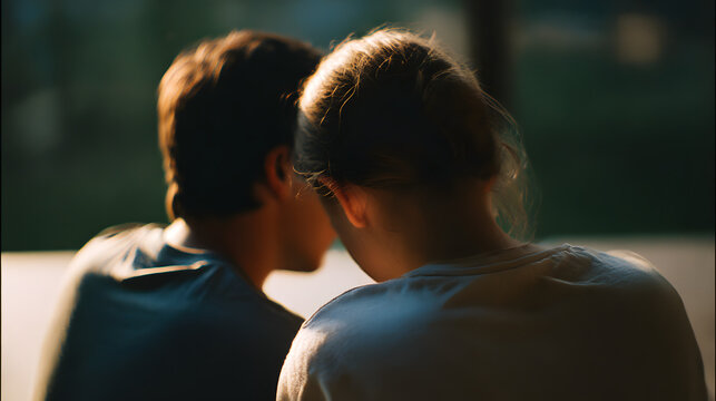 Whispered Secrets: Intimate moment of two people sharing private thoughts and quiet connection, bathed in a soft, ethereal light, hinting at trust and confidentiality.