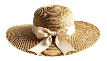 Wide-brimmed straw hat with cream-colored ribbon tied in a bow, set against a black background