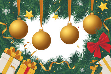 Festive Christmas decorations with golden ornaments, gifts, and a vibrant red bow, perfect for holiday greetings and seasonal designs