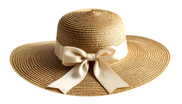 Wide-brimmed straw hat with cream-colored ribbon tied in a bow, set against a black background