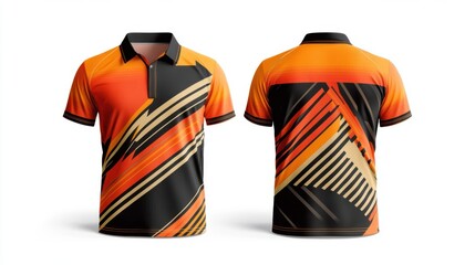 a cricket team jersey mockup featuring bold shades of orange, black, and gold, with geometric patterns and sharp diagonal stripes to create an athletic,