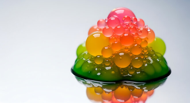 Abstract background of colorful liquid bubbles in a vibrant gradient. Macro science concept with molecular structure on a reflective surface