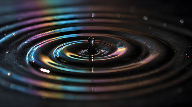 Rippling Reflections: A close-up captures a water droplet as it interacts with the water surface, creating a stunning display of ripples and iridescent light effects.  - Powered by Adobe