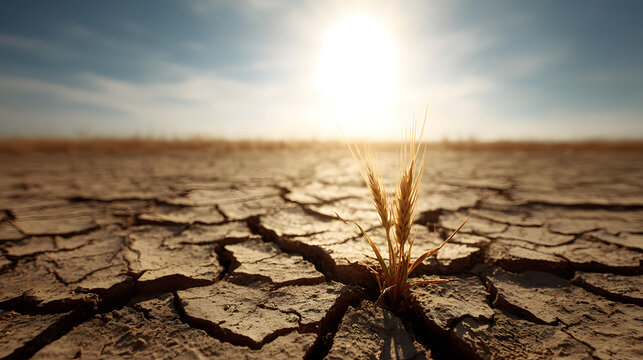 Resilience of life in harsh environment: A close-up view of cracked, parched earth under the scorching sun showcases a lone plant thriving amidst adversity, a symbol of hope.
