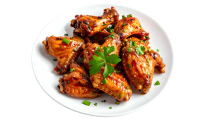 Overhead shot of a white plate piled high with glistening, cooked chicken wings