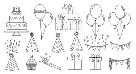 Outline vector illustration pack showcasing essential party and birthday celebration items like tiered cakes, joyful balloons, and wrapped gifts for festive events