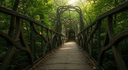 Enchanting fairytale bridge path through a sunlit woodland.