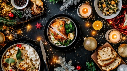 Festive Holiday Dinner Table with Gourmet Food, Candles, and Christmas Decorations, Top View