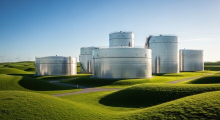 Fototapeta premium Modern Industrial Storage Tanks in a Green Grassy Field Under a Clear Blue Sky