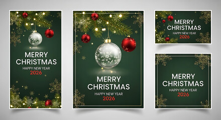 Festive Christmas and New Year Greeting Cards with Ornaments, Snowflakes, Lights, and Holiday Celebration Themes, 4K image 