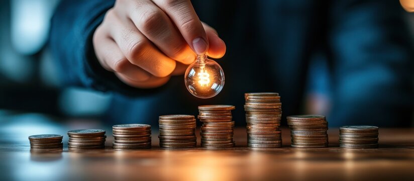 Hand placing glowing light bulb on top of increasing stacks of coins.