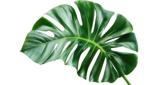 Monstera deliciosa leaf isolated on transparent background, a tropical plant detail