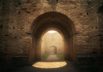 Fototapeta premium Ancient Brick Archway Illuminated by Golden Sunlight.