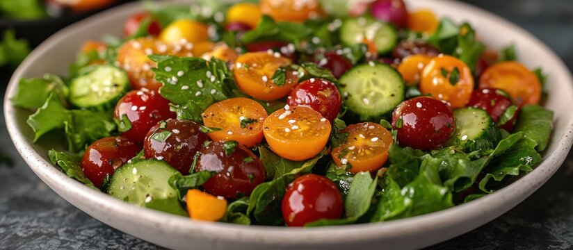 Fresh salad with colorful cherry tomatoes, cucumbers, and mixed greens.