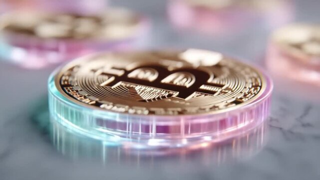 Bitcoin cryptocurrency coin in laboratory setting with colorful lighting