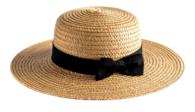 Wide-brimmed straw hat with a black ribbon bow detail, isolated on a black background