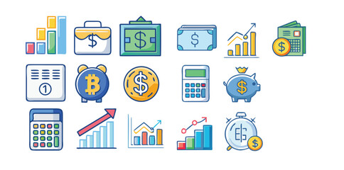 Finance & Investment Icons Pack | Money, Bank, Stock Market, Cryptocurrency, and Growth Vector Set
