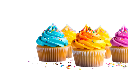 Colorful frosted cupcakes, arranged with vibrant frosting and sprinkles, on a black background