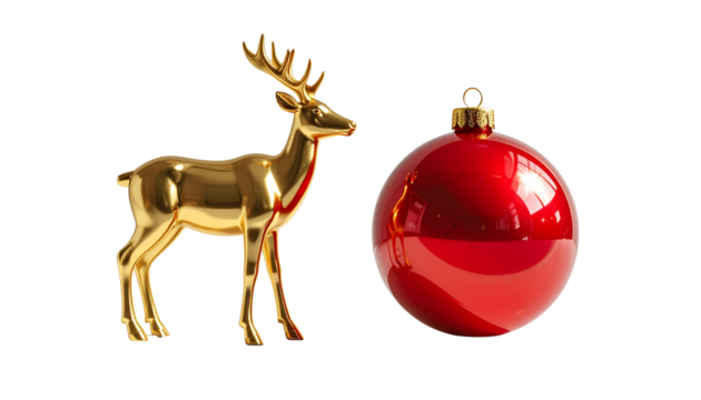 Golden Reindeer and Red Bauble Ornament Set, isolated on transparent background.jp - Powered by Adobe