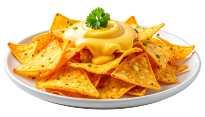 A plate of tortilla chips, covered in melted cheese, garnished with parsley
