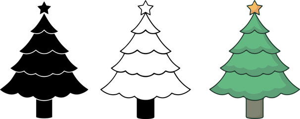 Christmas Tree Vector Icon Set with Star Topper.