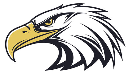 Majestic eagle head illustration, showcasing sharp features, golden beak, and detailed feathers in a striking side profile design