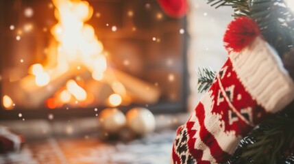 Cozy Christmas Fireplace Scene with Festive Stocking and Sparkling Bokeh Lights