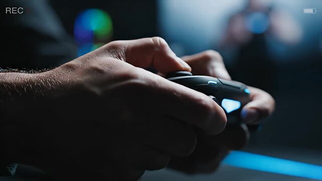 Close up of hands holding modern video game controller playing competitive esports