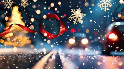 Winter Holiday Road with Sparkling Snowflakes, Bokeh Lights, and Festive Red Ribbon