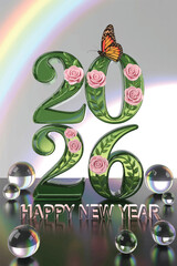 A luminous green glass ‘2026’ blooms with pink roses and a monarch butterfly, symbolizing renewal and beauty for the new year. 